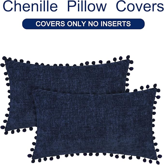CaliTime Throw Pillow Covers Decorative 20 X 12 Inches Pack of 2 Cozy Solid Dyed Soft Chenille Cushion Cases with Pom Poms for Couch Sofa Bed Living Room Home Navy Blue