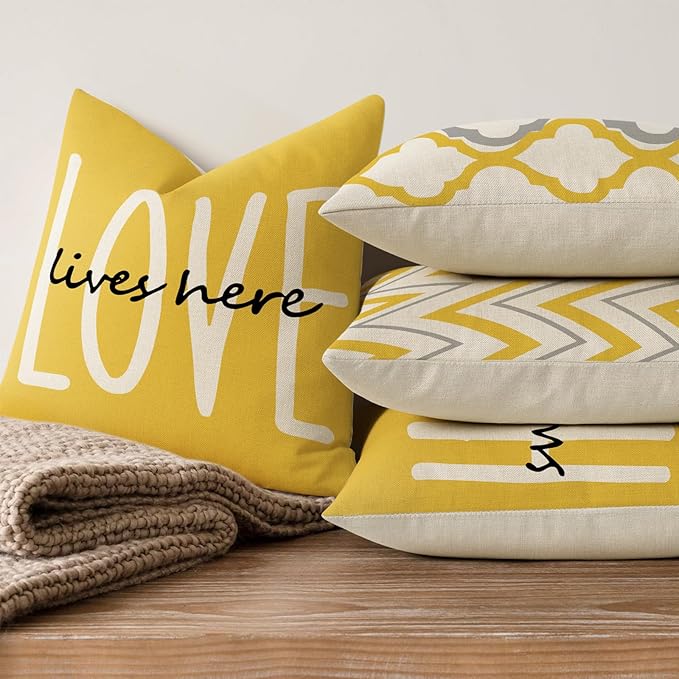 YCOLL Farmhouse Pillow Covers 18x18 Set of 4 Throw Pillow Covers Rustic Linen Decorative Pillows Square Cushion Covers for Couch Sofa Bedroom Home Decor