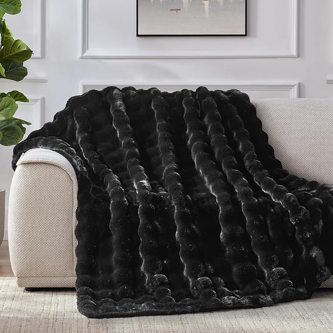 Faux Fur Throw Blanket, 1000GSM Fluffy Soft Bubble Blanket for Couch Bed, Cozy Plush Warm and Thick Blanket, Fuzzy Rabbit Throw for Living Room Bedroom 50''*60'' Black