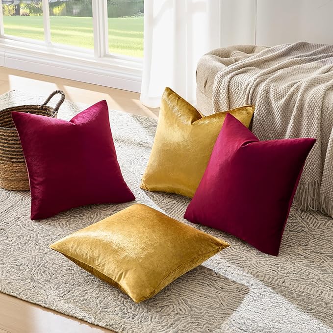 GIGIZAZA Decorative Pillow Covers 20x20: Burgundy Gold Throw Pillows Square Covers Set of 4 - Velvet Super Soft Couch Solid Cushion Covers for Living Room,Bedroom,Sofa,Christmas