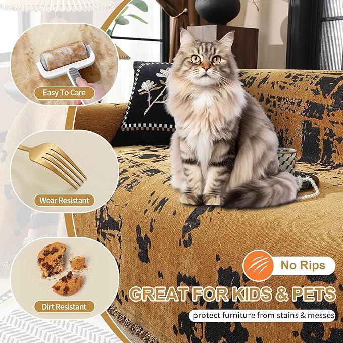 HANDONTIME Abstract Couch Cover for Dogs Pumpkin and Black Couch Cover Blanket for 3 Cushion Sofa Modern Aesthetics Sofa Covers Washable Pet Friendly Chenille Protector Furniture Covers, 71" X 134"