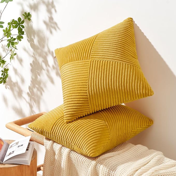 Topfinel Set of 2 Decorative Yellow Throw Pillow Covers 20x20 Inch for Couch Sofa Bed, Rustic Farmhouse Boho Home Decor, Soft Corduroy Windmill Textured Striped Patchwork Cushion Cases