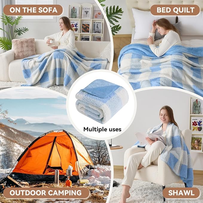 LURKA Checkered Sherpa Fleece Throw Blanket – Soft and Cozy, Medium Weight for All Season, Plush Throw for Couch, Bed & Pets, Glacier, 50x60 Inches
