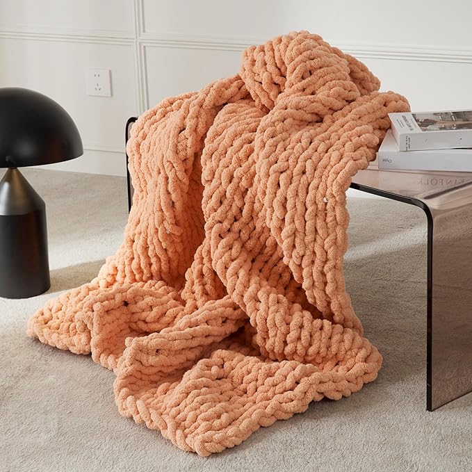 WESHIONGOO Chunky Knit Blanket Throw Knitted Throw Blankets for Couch Bed Fluffy Soft Blanket with Jumbo Chenille Yarn Thick 100% Handmade(40"*40")