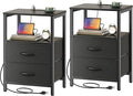 Huuger Nightstands Set of 2, End Tables with Charging Station, Side Tables with Fabric Drawers, Bedside Tables with USB Ports and Outlets, Night Stands for Bedroom, Black