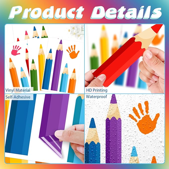 Colorful Pencils Wall Decals - 9 Sheets 47 Pcs Colored Handprint Pencil Wall Stickers Educational Peel and Stick Wall Decor for Back to School Classroom Playroom Living Room Nursery