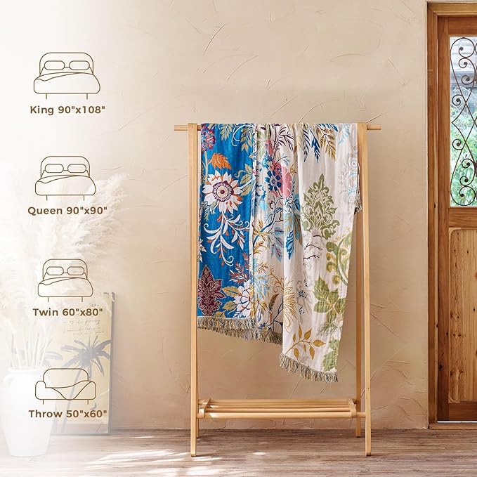Boho Throw Blanket for Bed Cotton Spring Blankets Twin Size for Bedroom Living Room All Season Lightweight Floral Embroidery Decorative Breathable Quilt for Couch Sofa Chair 60"x80"