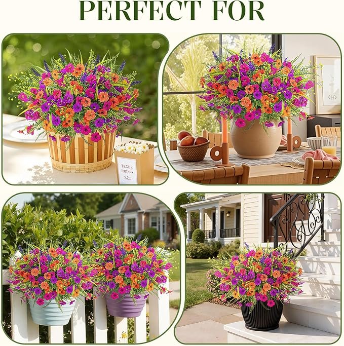 Alupssuc 36 Bundles Artificial Flowers for Outdoors Spring Decoration, UV Resistant Eucalyptus Violet and Lavender Silk Fake Plants for Outside Indoor Yard Home Patio Decor, Orange Rose Purple