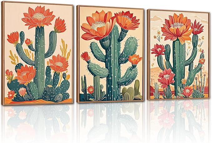 CHDITB Desert Cactus Framed Canvas Wall Art, Southwest Saguaro Wall Decor, Nature Plant Succulent Wall Painting, Tropical Botanical Flower Art Prints for Bathroom Living Room Bedroom Decor -12”x16”x3