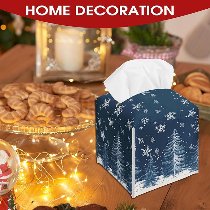 Christmas Trees Snowflake Leather Tissue Box Cover Holder, Blue Tissue Box Cover Square, Xmas Gift Ideas for Family Friends, Bathroom Kitchen Car Office Home Table Decor(5.2 Inches)-B14