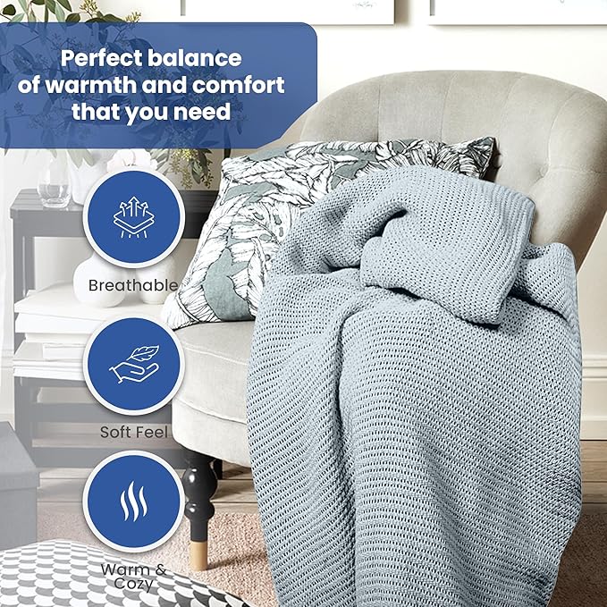 Linteum Textile Supply Leno Weave Ice Grey Blanket, Queen 100% Cotton, Lightweight, Warm, Fluffy, Premium and Durable Soft & Cozy Bed Blanket for Home, Couch, Sofa & Dorm, All Season Throw [90x90]