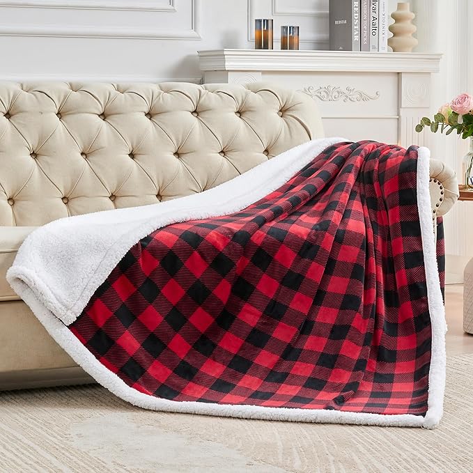 BEDELITE Sherpa Fleece Blanket - Black and Red Buffalo Plaid Christmas Blanket, Super Soft Cozy Warm Thick Winter Throw Blankets for Couch and Bed, 60" x 80"