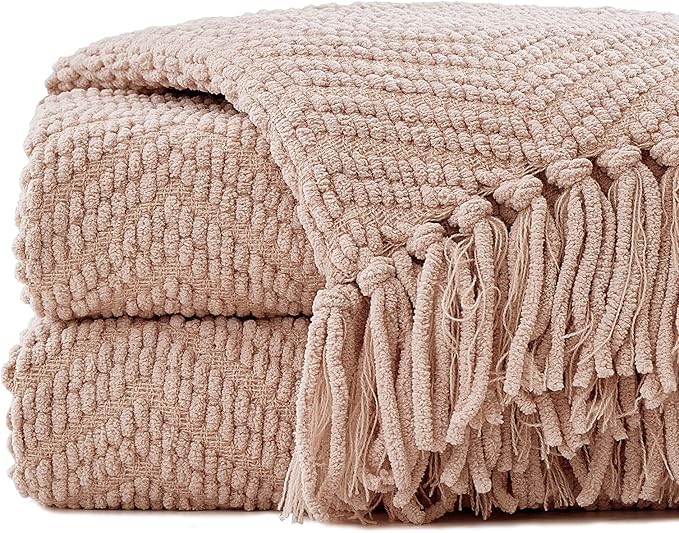 Bedsure Throw Blankets for Couch - Textured Chunky Knit Woven Chenille Blanket - Super Soft, Warm Decorative Boho Throw with Tassels for Bed, Sofa and Living Room Decor, Khaki, 60x80 Inches