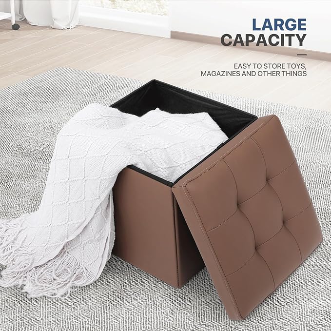 MoNiBloom Folding Storage Ottoman Cube, 15 Inches Small Ottoman with Storage, Footstool Rest Padded Seat for Living Room, Bedroom, Entryway, Hallway, Brown