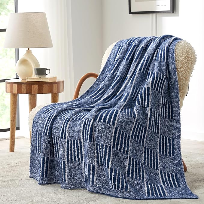 Snuggle Sac Navy Checkered Faux Fur Throw Blanket for Couch, Knitted with Microfiber Fancy Yarn Blanket, Reversible Soft Cozy Blankets for Sofa Bedroom,Heather Navy,50x60 inches