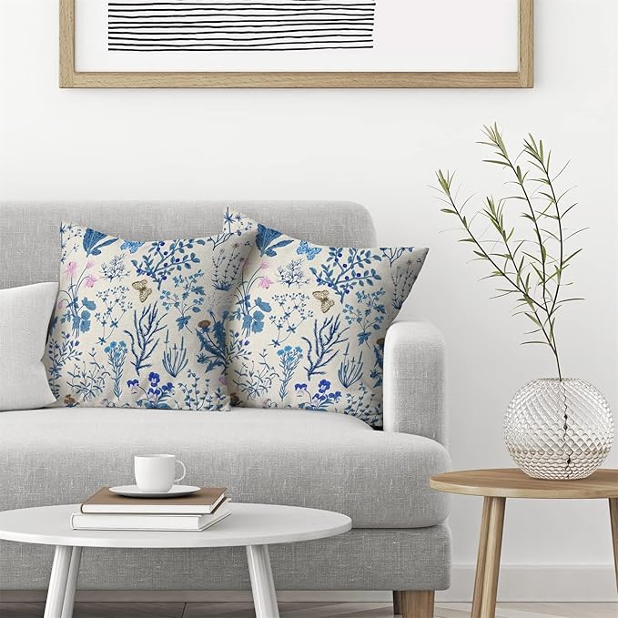 AEIOAE Summer Pillow Covers 20x20 Inch Set of 2,Blue Wild Flower Plant Throw Pillows Case,Seasonal Floral Outdoor Decorative Square Linen Farmhouse Decor Cushion Covers for Home Sofa Bed Couch