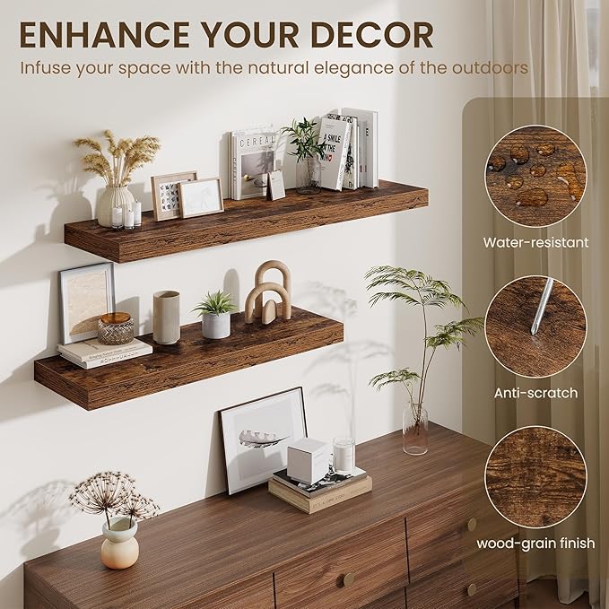 Fun Memories 72 Inch Fireplace Mantel Shelf, 12 Inch Deep Shelves for Display & Wall Storage, Rustic Wood Wall Shelf, Extra Long Floating Shelves for Living Room Laundry Room, Rustic Brown, Set of 1