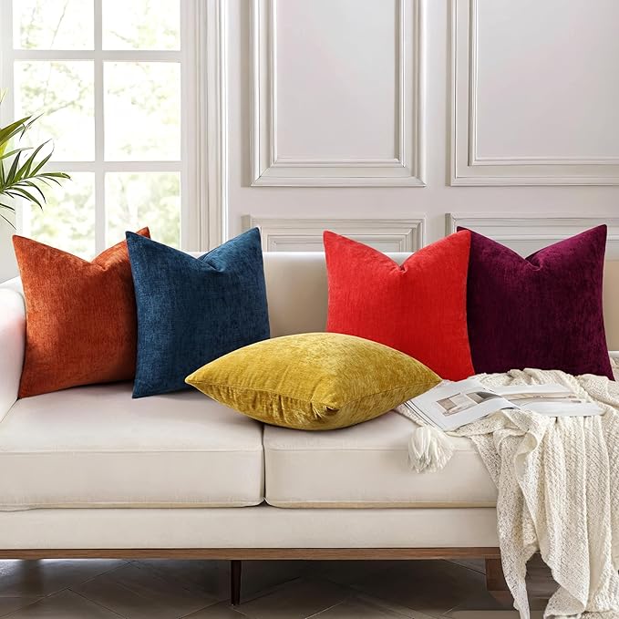 decorUhome Chenille Burgundy Throw Pillow Covers 16x16 Inch Set of 2, Decorative Soft Couch Pillow Covers Solid Dyed Accent Farmhouse Neutral Square Pillow Cases for Sofa
