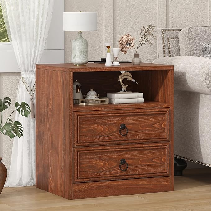 Farmhouse Nightstand with Charging Station, 21.7" Wide End Table with 2 Drawers & Open Compartment, Cherry Wood Side Table, Bedside Table for Bedroom, Living Room, Sofa