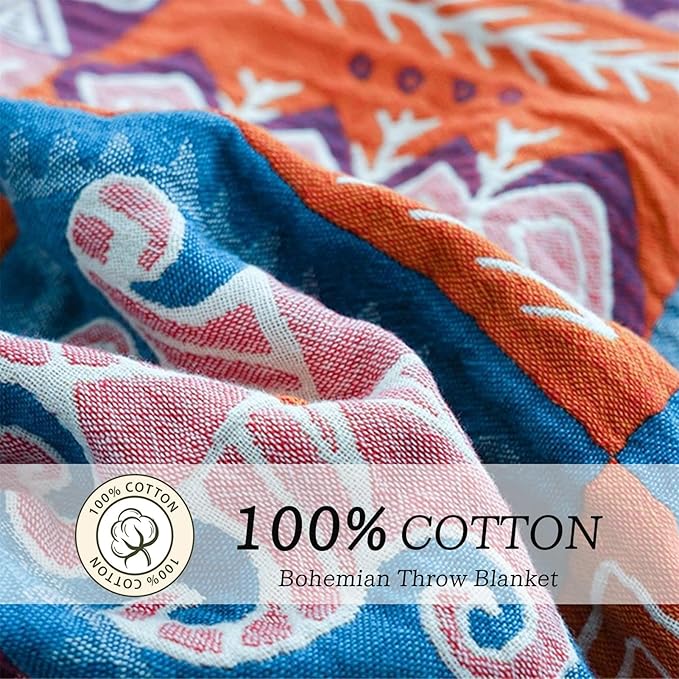 MSGKV Spring Cotton Throw Boho Blanket for Couch Bed, 60''x80'' Muslin Brathable Lightweight Travel Decor Blanket for Bedroom