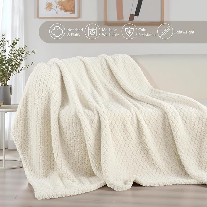 Exclusivo Mezcla Fleece Throw Blanket for Couch and Bed,Extra Soft Warm Decorative Fuzzy Throws for Women,Lightweight Cozy Blankets Size 50x60 Inches, Ivory
