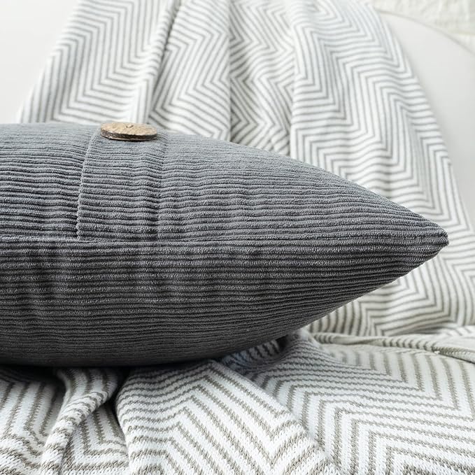 HWY 50 Gray Grey Chenille Throw Pillow Covers 22x22 Inch with Triple Buttons, Soft Farmhouse Accent Decorative Cushion Cases for Couch Sofa Bed Living Room Bedroom Pack of 2
