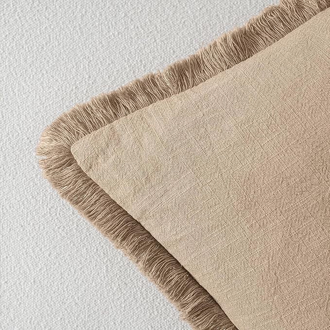 MIULEE Decorative Throw Pillow Covers Neutral Linen Fringe Throw Pillows Euro Shams Set of 2 Camel Boho Farmhouse Cushion Covers for Couch Sofa Bed Living Room Spring Home Decor 26x26 Inch