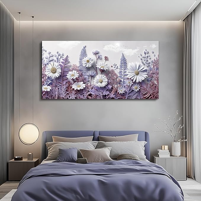 QIYILEXWART Large Wall Decor For Living Room Canvas Wall Art For Office Modern Wall Decorations For Bedroom Daisy Fern Landscape Painting Farmhouse Pictures Artwork Room Home Decor 24x48 In