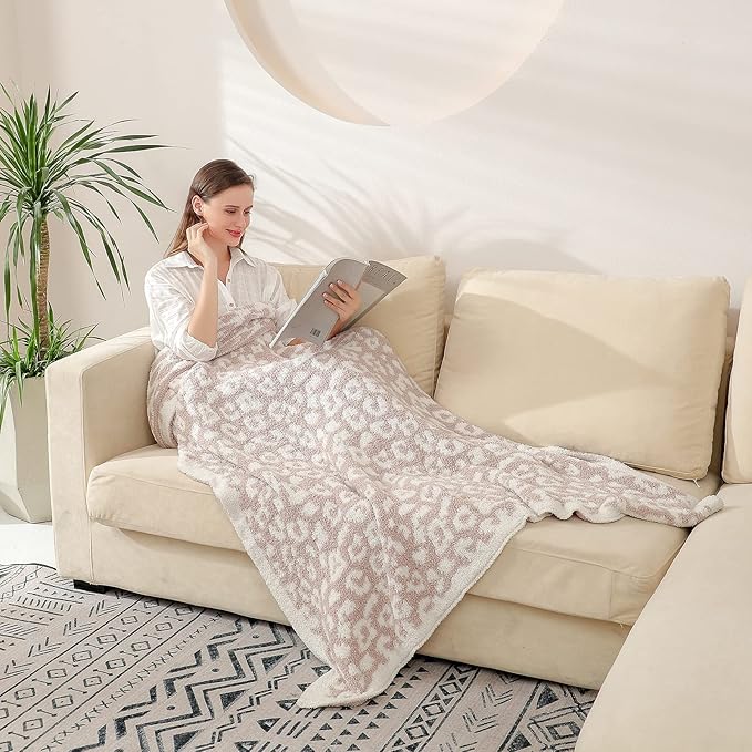 bearberry Fuzzy Leopard Knitted Throw Blanket Soft Cozy Warm Microfiber Blanket for Couch Sofa Bed Travel (Stone/Cream, 51"x70")