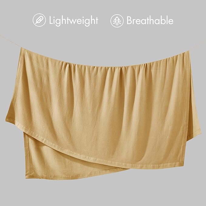 Madison Park 100% Egyptian Cotton Lightweight Summer Blanket, Breathable Waffle Knit Design, Soft Cozy All-Season Throw for Bed, Couch or Sofa, Mustard King Size (108"x90")
