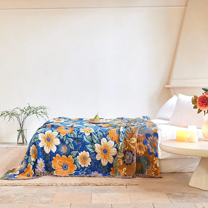 Boho Throw Blanket for Couch Sofa Chair Cotton Spring Blankets for Bedroom Living Room All Season Lightweight Reversible Floral Embroidery Throws 50"x60"