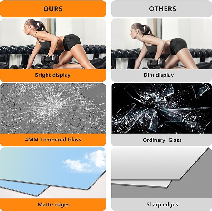 Home Gym Mirror for Wall,48x28x2PCS Full Length,Glass Frameless Body Large Mirror for Home Gym,Workout,Bedroom,Garage(Black)