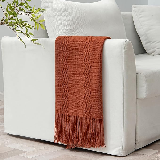 MIULEE Rust Knitted Throw Blanket for Couch Boho Terracotta Textured Cozy Woven Blanket with Tassels for Sofa Chair Bed Living Room Acrylic Wave Pattern 60"x80"