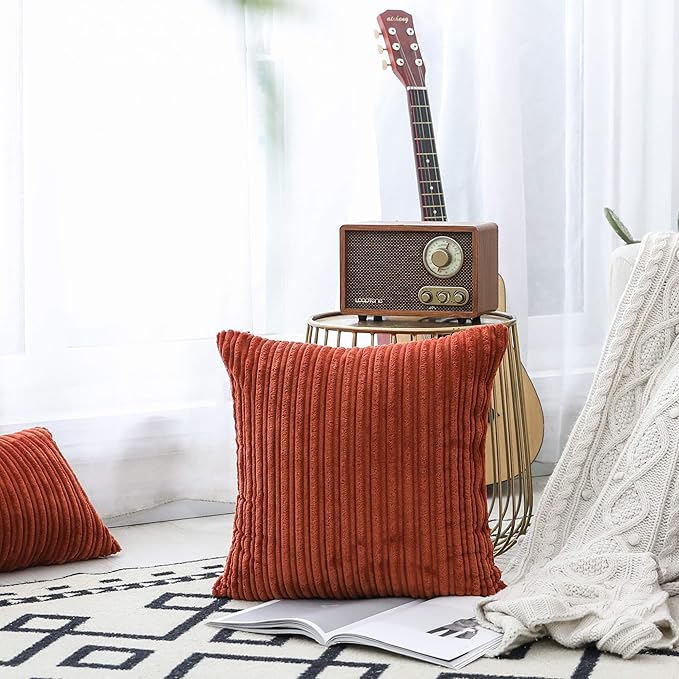 UGASA Solid Color Striped Velvet Pillow Covers Fall Modern Sofa Cushion Cover Bed Velvet Square Pillowcase, 1 Pc, 20"x20", Burnt Brick