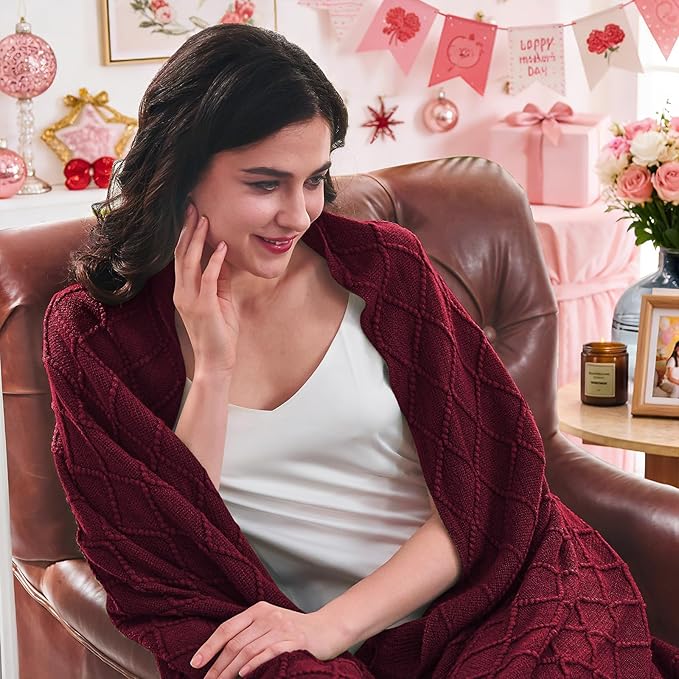 inhand Claret Knitted Throw Blanket for Couch Bed, Mothers Day/Mom Birthday Gifts for Mom from Daughter Son, Soft Lightweight with Tassels, Farmhouse Warm Decorative Blanket for Women, 50"x60"