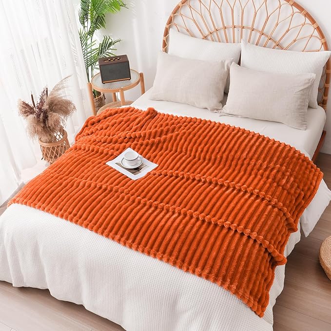 Vessia Flannel Fleece Throw Blanket for Couch,Sofa,Bed, 300GSM Striped Orange Throw Blanket for Adults and Kids, Super Soft Warm Cozy Lightweight Home Decor for All-Season(50x70inch)