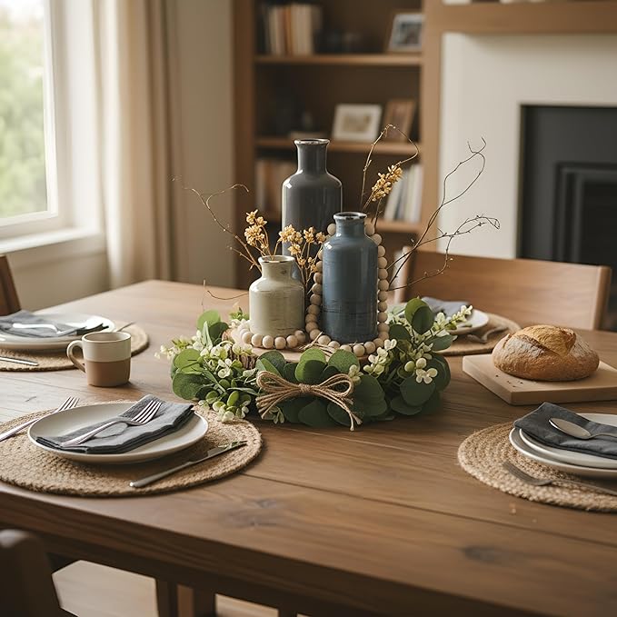 Geelin 6 Pcs Boho Rustic Table Centerpieces, 3 Modern Ceramic Vases, Wooden Slice Tray, Farmhouse Wood Beads Garland with Tassel, Artificial Vines for Dining Home Table Decor(Morandi)