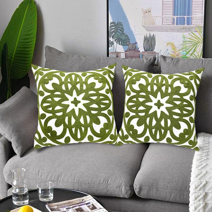 Alysheer Floral Embroidered Spring Decorative Throw Pillow Cover 18"x 18" Set of 2, Boho Farmhouse Embroidery Patterned Green Cushion Case for Sofa Couch Living Room Bedroom Outdoor