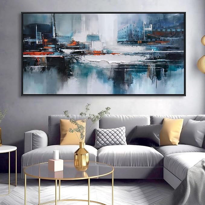 Abstract Wall Art for Living Room - Modern Blue Wall Decor, Large Canvas Artwork, Framed Wall Art Bedroom Pictures, Navy Decor for Above Bed, Contemporary Home Decor