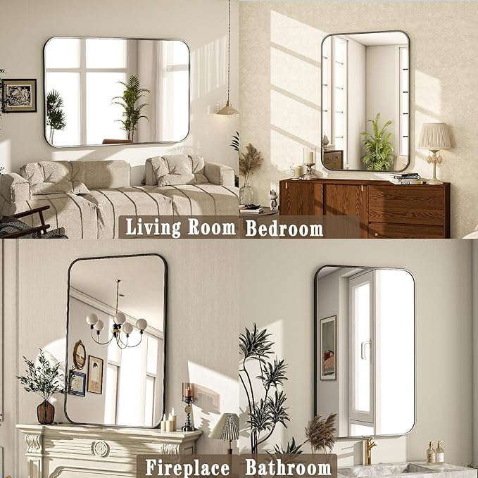 24x36 Inch Bathroom Mirror - Wall Mounted Vanity Mirror with Round Corner Aluminum Alloy Frame, Hanging Horizontally Vertically for Living Room, Bedroom, Hallway as Home Decor, Black