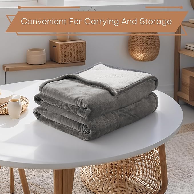 Electric Heated Blanket 72"x84" Full Size - Flannel & Sherpa Fabric Dual-Sided, 6 Heat Settings & 1-10 Hours Auto Off, Soft & Cozy Warming Throw for Home, Office, or Bed, Machine Washable, Light Gray