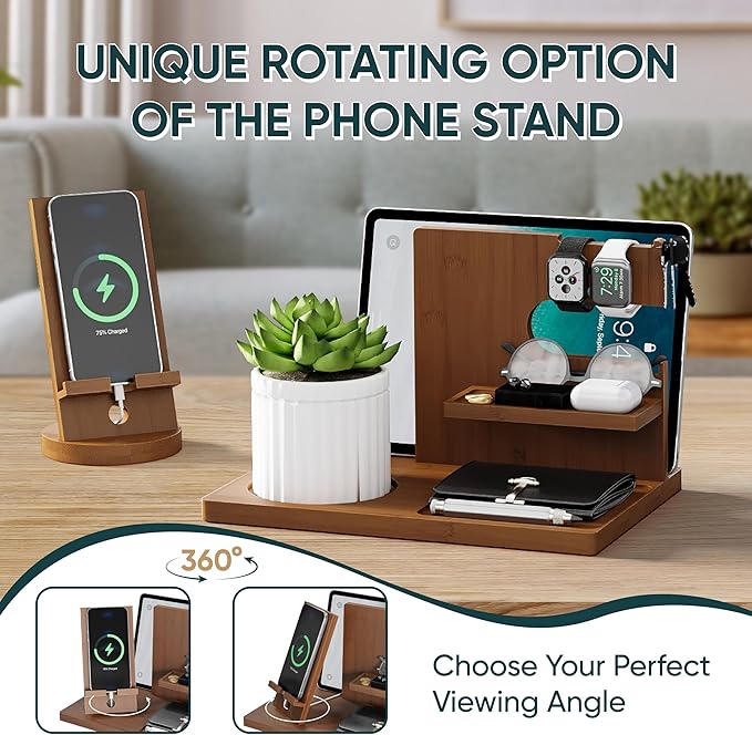 Valentine's Day Gifts for Men Wood Phone Docking Station with Separate Phone Stand, Bedside Desk Organiser with Phone and Key Holder Anniversary Birthday Presents for Dad Husband Boyfriend Son Brown