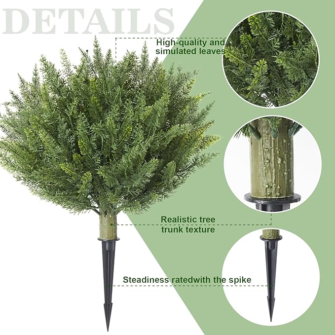 15.7" Christmas Fake Shrubs, Artificial Cedar Ball Tree Plant, 4 Packs of Fake Cedar Outdoor shrubs with Ground Spike, UV Resistant Fake shrubs, Used for Indoor and Outdoor Front Porch Gardens