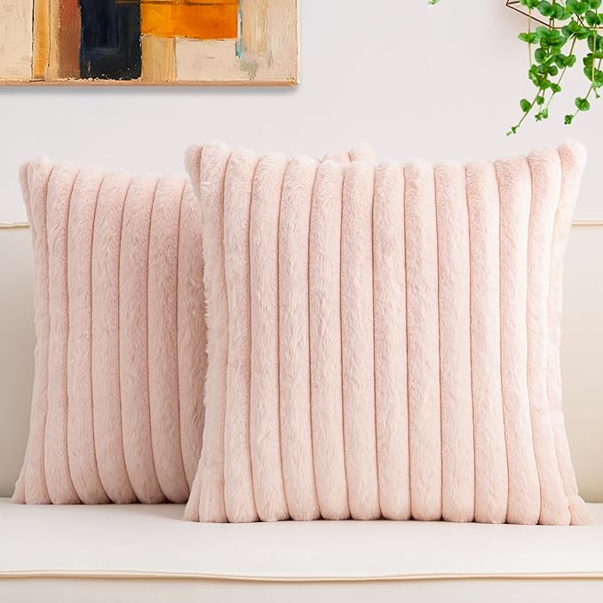 Aegero Pack of 2 Faux Fur Fall Throw Pillow Covers 16x16 Inch, Soft Plush Striped Neutral Couch Pillow Cover, with Velvet Back Modern Home Decor for Sofa Living Room Couch Bed Light Pink