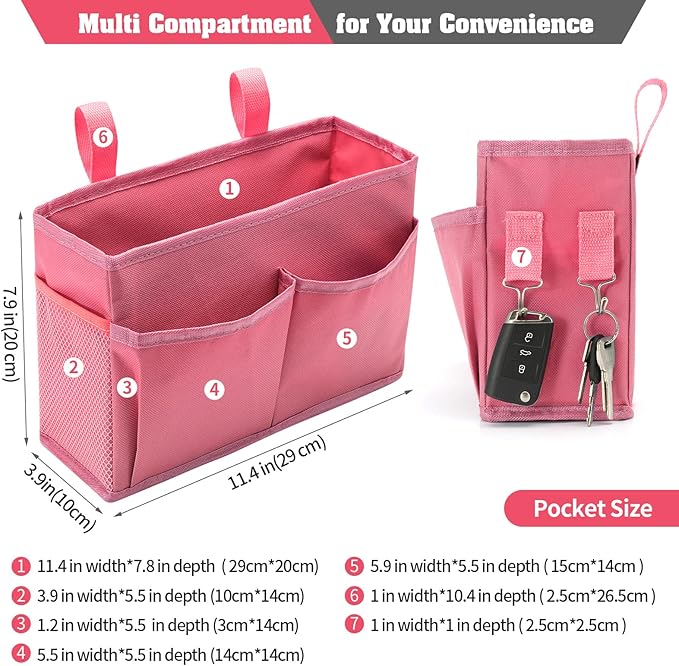 Bseash Bunk Bed Organizer, Bedside Caddy Hanging Bed Organizer Storage Bag with 4 Pockets and 2 Hooks, for College Dorm Rooms Bed, Hospital Bed, Baby Bed Rails, 600D Oxford Cloth (Pink)