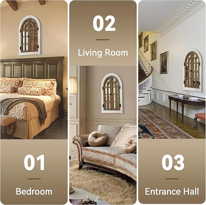 Window Mirrors for Wall Decor -White Arched Wall Mirror Farmhouse Wall Decor Wood Frame Decorative Wall Mirrors Like Window for Bedroom, Living Room, Entrance, Dining Room