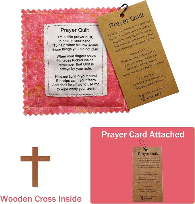 Mini Prayer Quilt with Cross Inside Vintage Pocket Scripture Prayer Quilt Squares Sympathy Christian Gifts for Women Pastor Appreciation Father's Day Graduates Gifts (Pink)