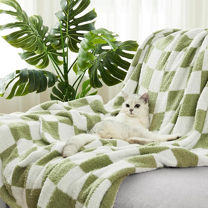 Checkered Throw Blanket, Sage Green Soft Cozy Fluffy Knitted Throw Blankets for Couch, Sofa, Bed, Chair, Warm Fuzzy Travel Picnic Lightweight Plaid Blanket, 60x80 inches