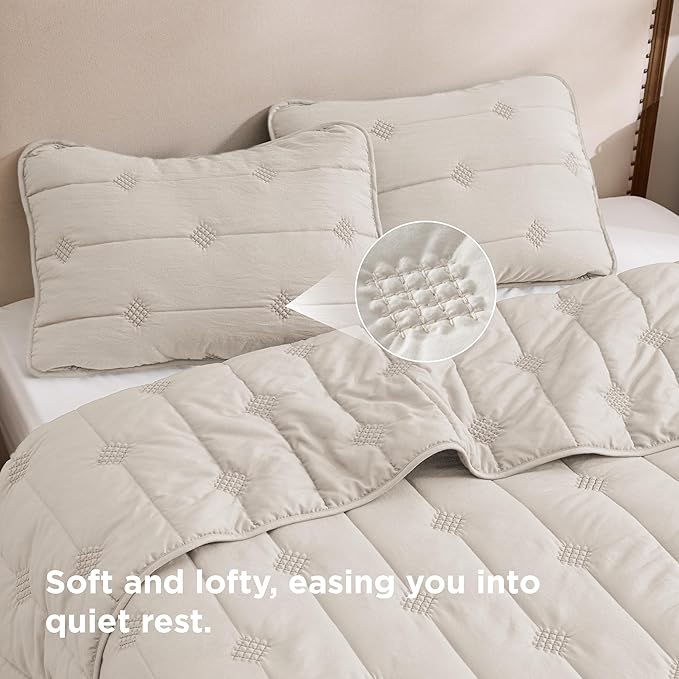 Bedsure Queen Size Quilt Sets – Ultra Soft Cloud Quilt, Lightweight Bedspread Coverlet with 2 Pillow Shams, Breathable & Cozy Bedding for All Season, Beige, 3 Piece (90x96 Inches)