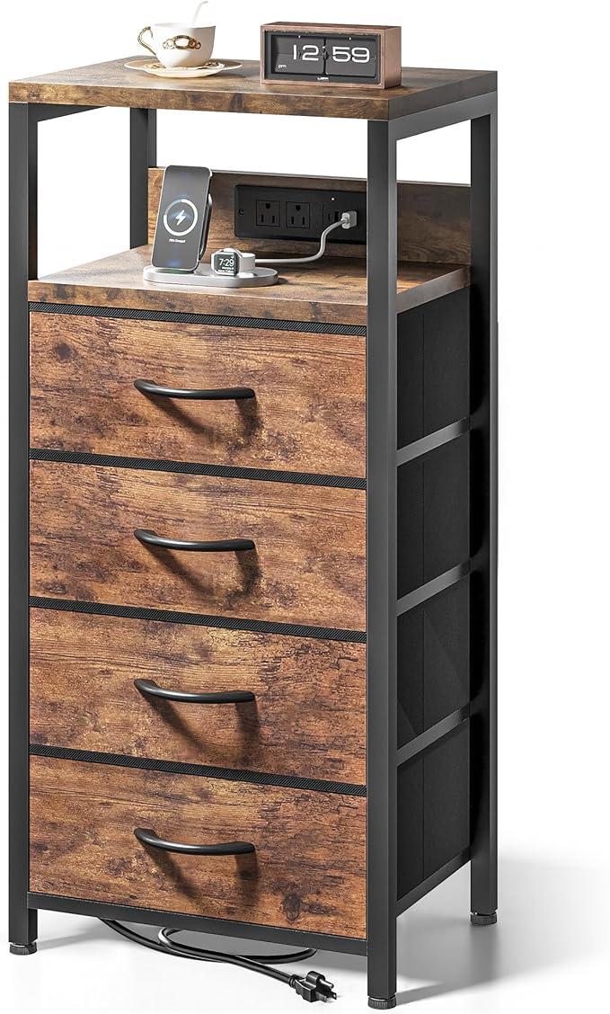 NightStand Bedside Charging Table Bedroom - Night Stand with Charger Station, Modern Nightstand with Open Shelf & 4 Fabric Drawers, Bed Side Table with USB-C USB Ports & AC Outlets for Dorm